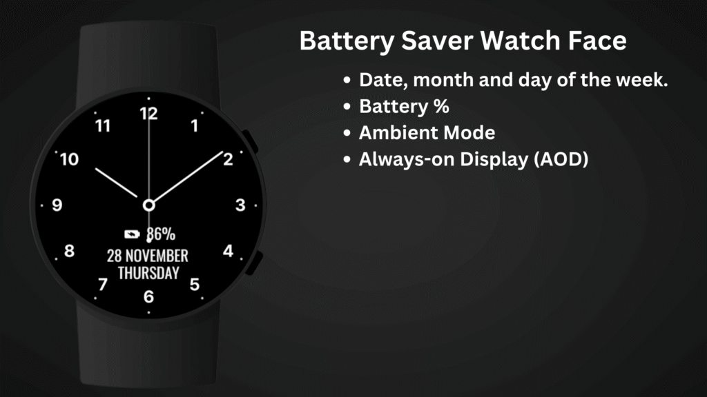 Battery Saver Watch Face showing minimalist analog design on Wear OS smartwatch