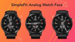 SimpleFit Analog Watch Face showing minimal black analog dial with heart rate, battery percentage, steps counter and 12/24 hour time on Wear OS smartwatch.