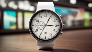 Classic hybrid analog watch face displayed on round Wear OS smartwatch with minimal business style design
