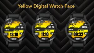 Yellow sport digital watch face with bold 12/24 hour time, step goal progress and heart rate monitor.