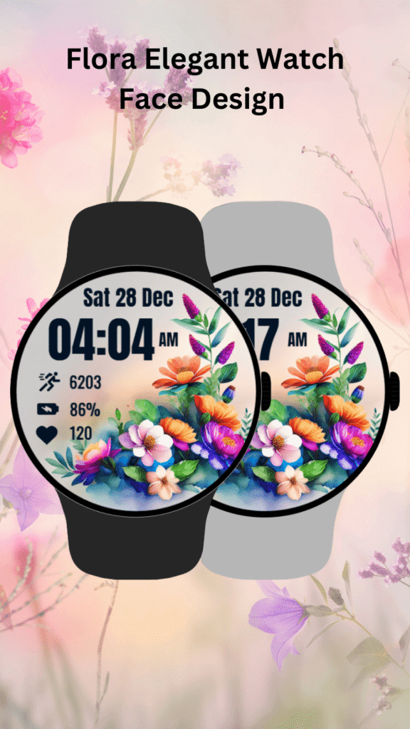 Flora Elegant Watch Face floral digital design displayed on black and silver Wear OS smartwatches