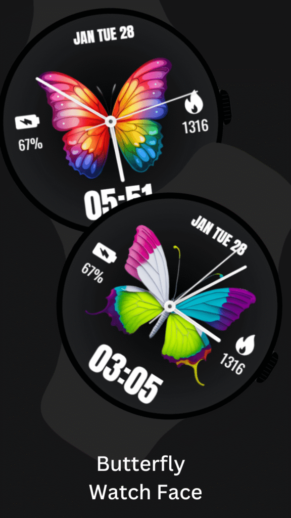 Colorful butterfly watch face for Wear OS showing analog dial with battery percentage and steps counter on black AMOLED background.