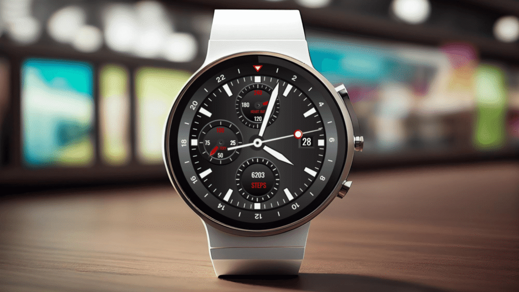 Business Watch Face for Wear OS with black analog dial, heart rate, steps counter and date display