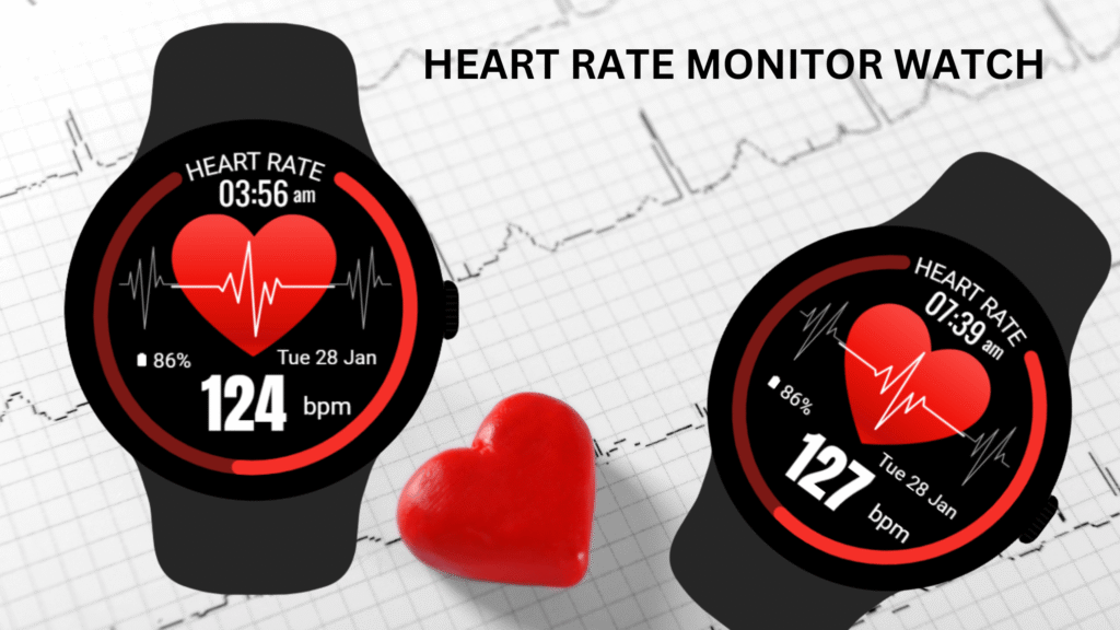 Heart rate monitor watch face for Wear OS showing real-time BPM, time, date, and battery status