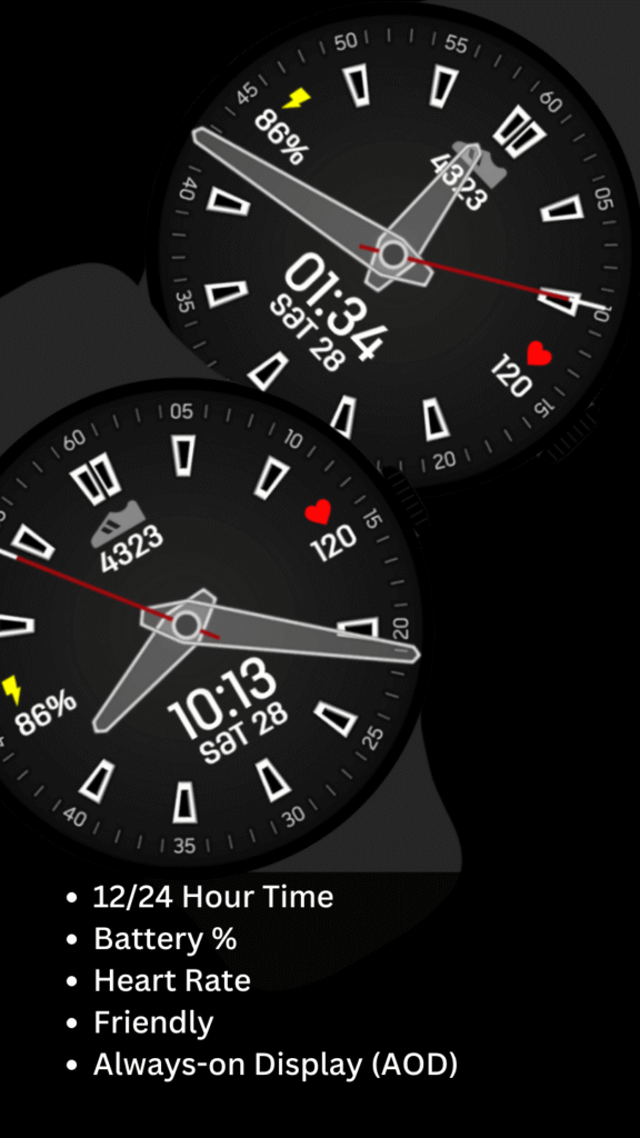 Minimal black analog watch face for Wear OS displaying heart rate monitor, battery indicator and steps tracker with always-on display support.