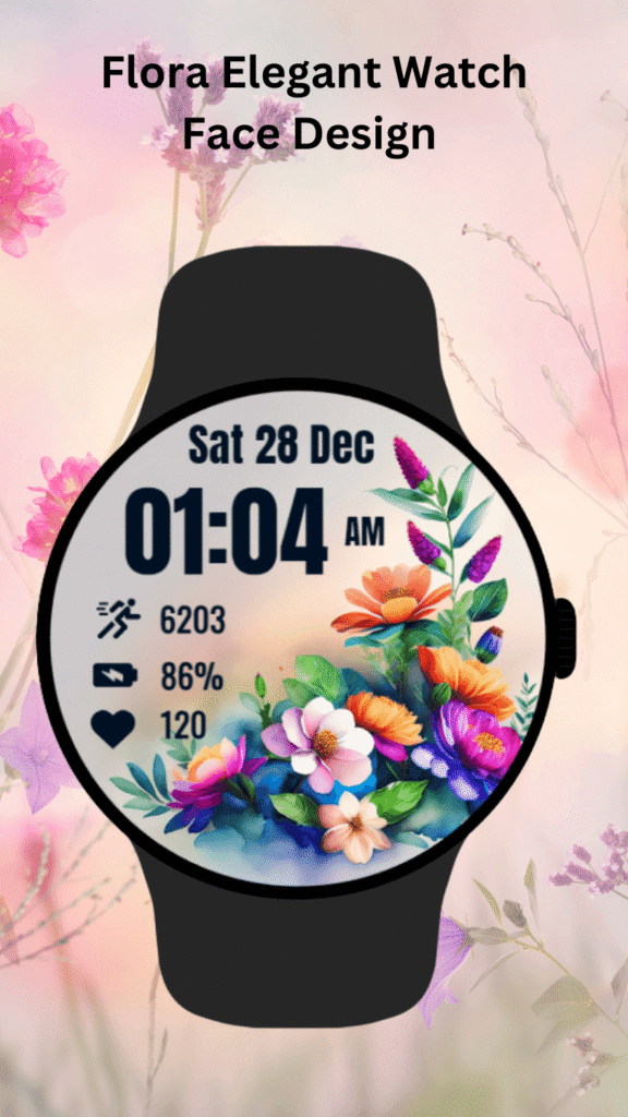 Floral digital watch face with heart rate, steps counter and battery percentage on Wear OS smartwatch