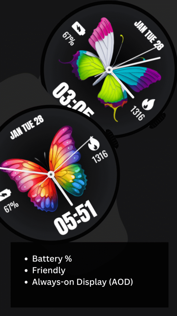 Butterfly watch face for Samsung Galaxy Watch featuring vibrant wings, date display and fitness steps counter.