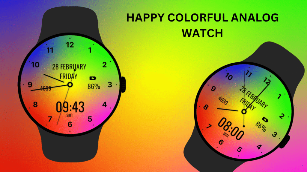 Happy colorful analog watch face showing rainbow gradient background with custom complications on Wear OS smartwatch.