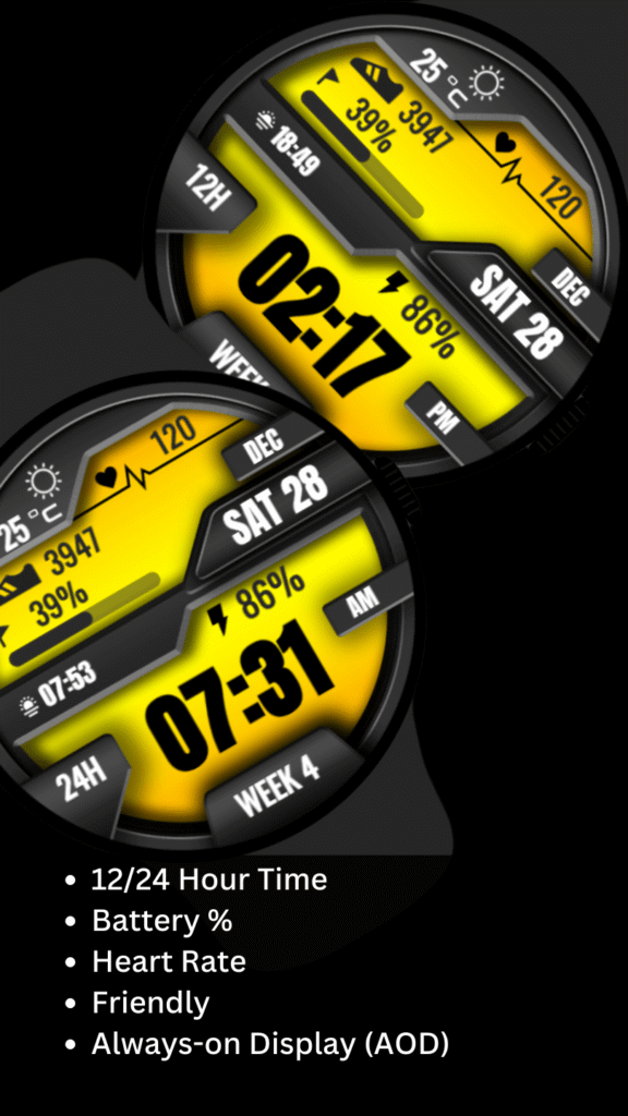 Minimal yellow digital watch face with clean layout and large bold time display.
