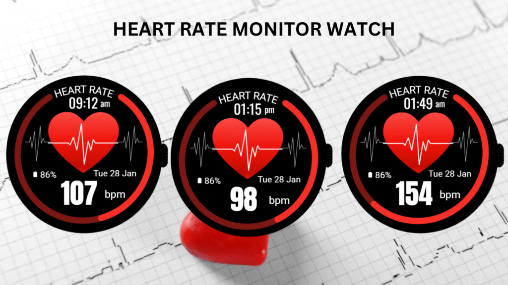 Smartwatch heart rate monitor displaying live BPM on digital watch face