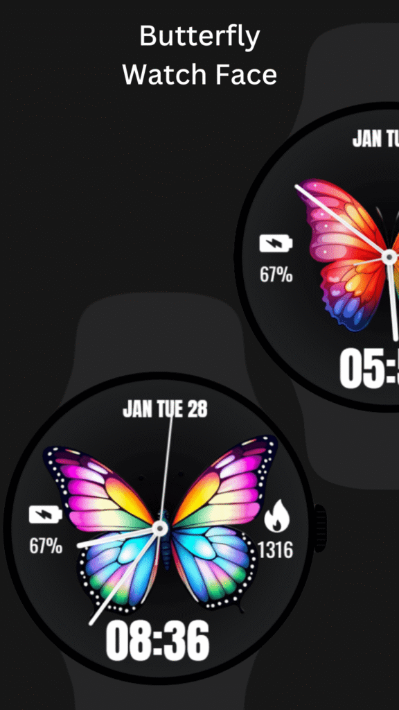Elegant butterfly analog watch face for Pixel Watch with battery percentage and dark theme dial.