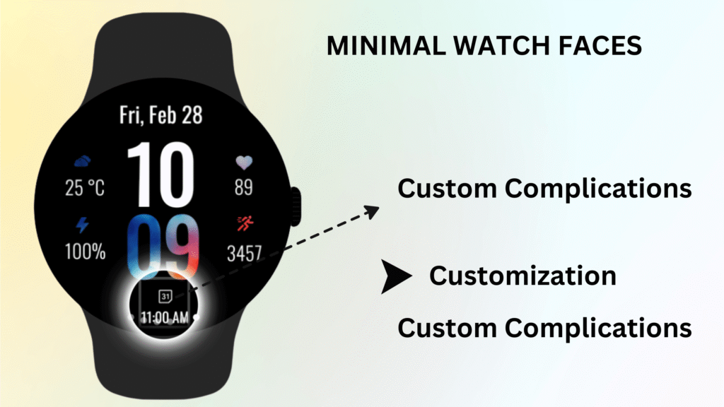 Minimal watch face customization on Wear OS showing editable complications and clean digital layout.