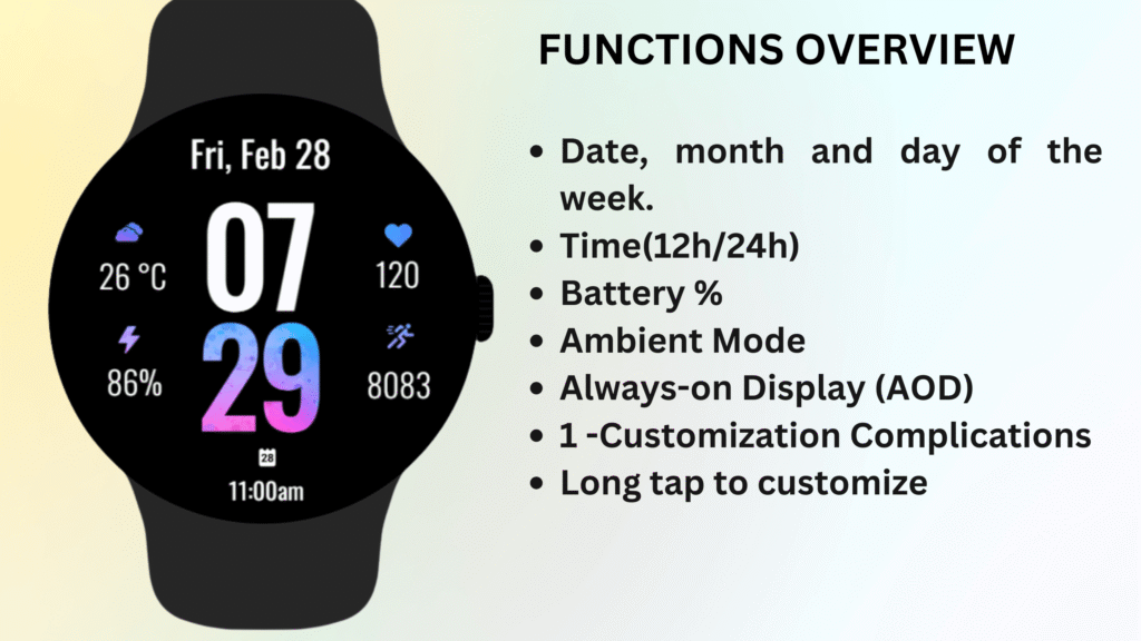 Minimalist watch faces for Wear OS with colorful gradient themes, battery indicator, step counter and heart rate monitor.