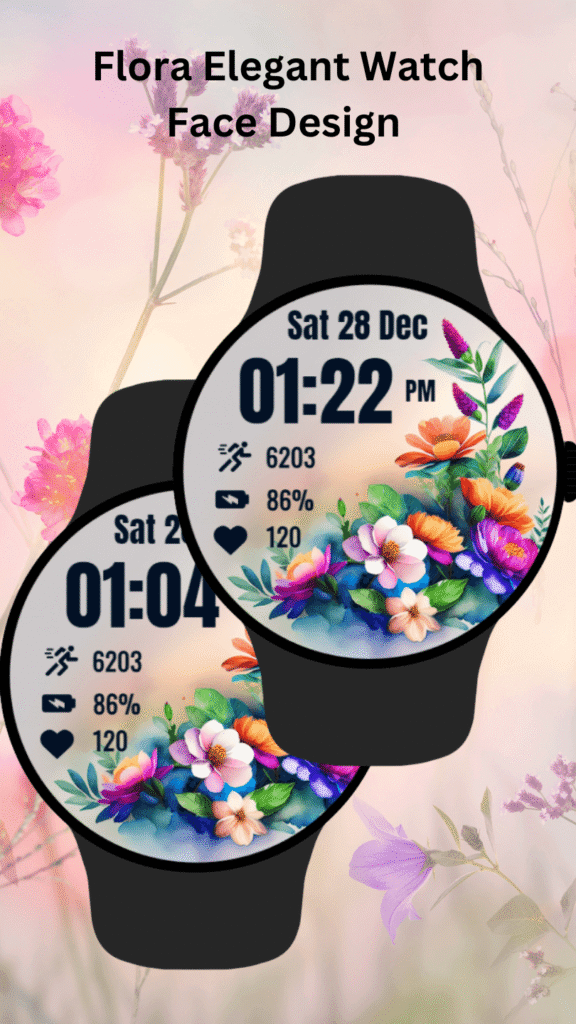 Elegant flower watch face for women with colorful floral artwork on round smartwatch