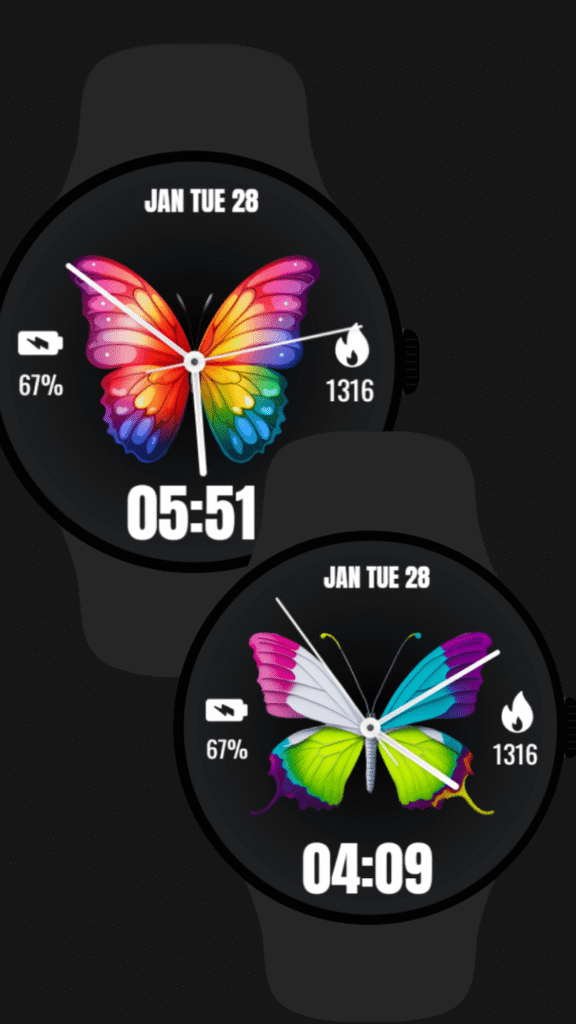 Round Wear OS butterfly watch face with colorful dial, battery icon and step count tracking.