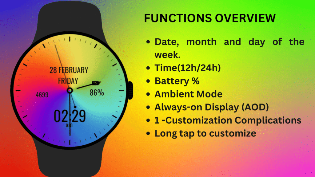 Gradient analog watch face for Wear OS displaying time, date, battery percentage and Always-On Display support.