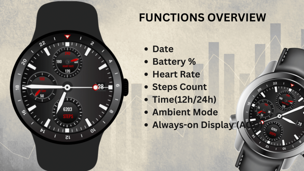 Professional analog Business Watch Face displayed on round Wear OS smartwatch with elegant black dial
