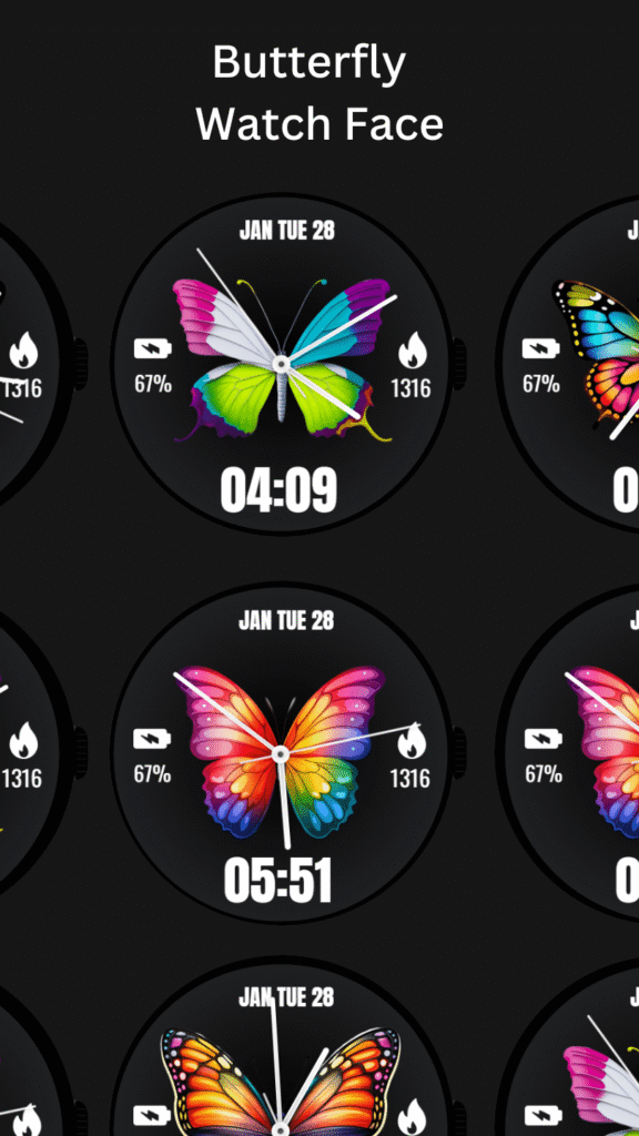 Butterfly smartwatch face in minimal mode with Ambient display and Always-On Display support.