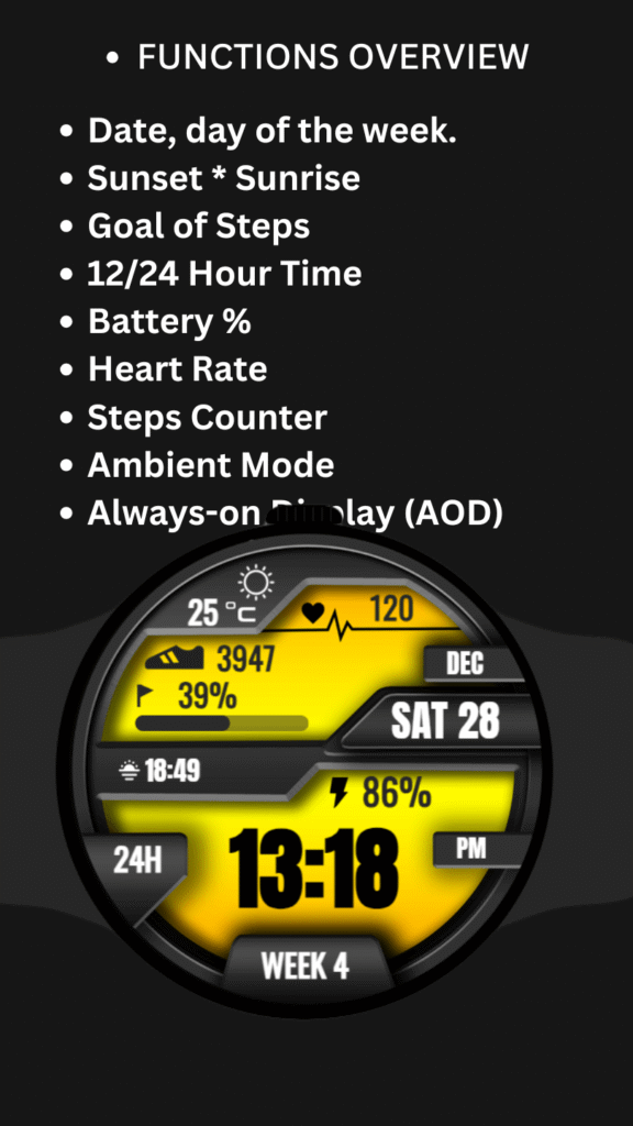 Yellow digital smartwatch face showing date, day of week and sunrise sunset information.
