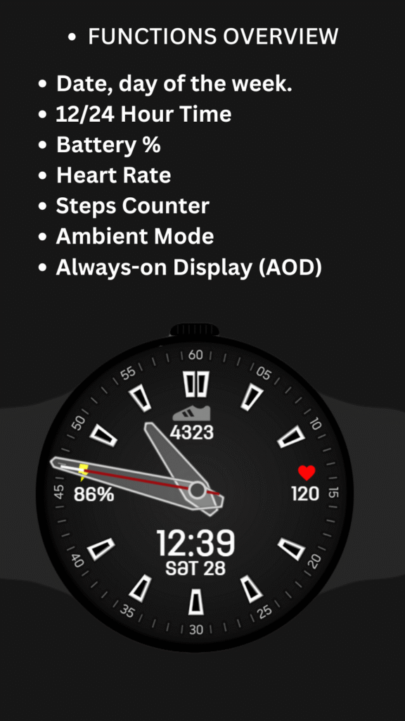 SimpleFit fitness analog watch face showing battery percentage, heart rate and steps counter on round smartwatch.