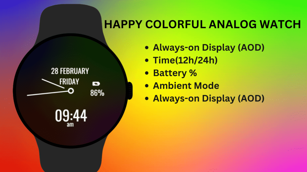 Always-On Display mode of colorful analog watch face with battery efficient dark ambient layout.