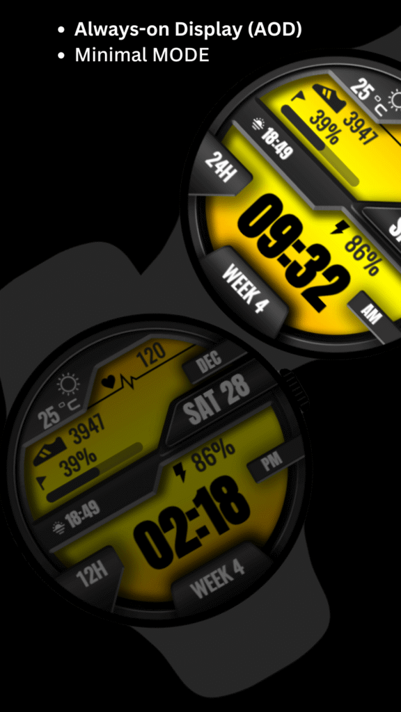 Yellow AMOLED watch face in ambient mode with always-on display support for Wear OS.
